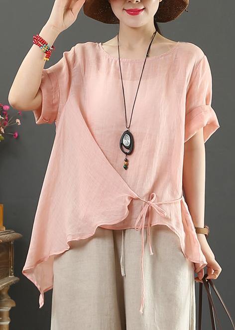 Italian O Neck Asymmetric Cotton Linen Clothes Pink Silhouette Blouses