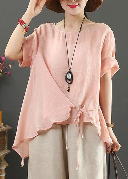 Italian O Neck Asymmetric Cotton Linen Clothes Pink Silhouette Blouses