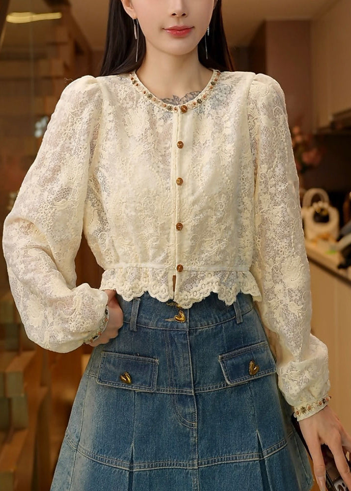 French Apricot O-neck Nail Bead Lace Shirt Top Fall
