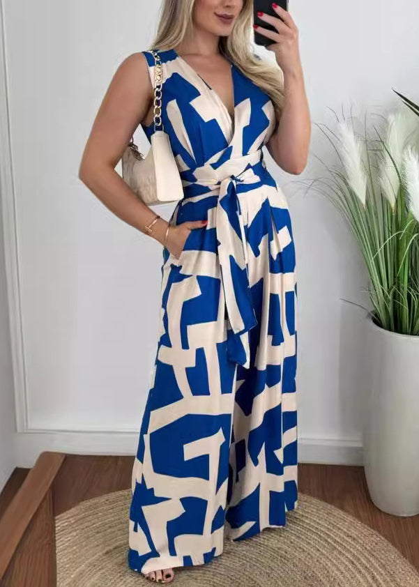 French Khaki V Neck Print Tie Waist Cotton Jumpsuits Summer