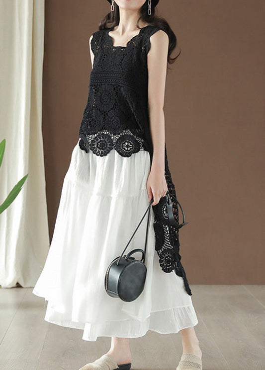 Black Asymmetrical Hollow Out Low High Design Cotton Top Summer