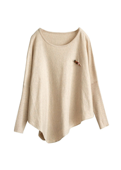 Italian Beige O-neck Asymmetrical Knit Tops Spring