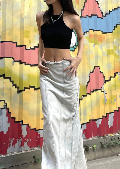 European and American Style Light Blue Denim Maxi Skirts Fall