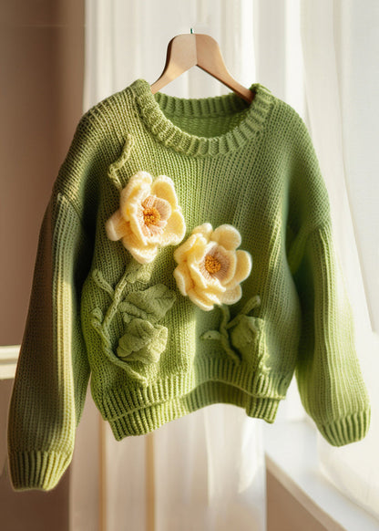 Green O Neck Hollow Out Knit Sweater Fall