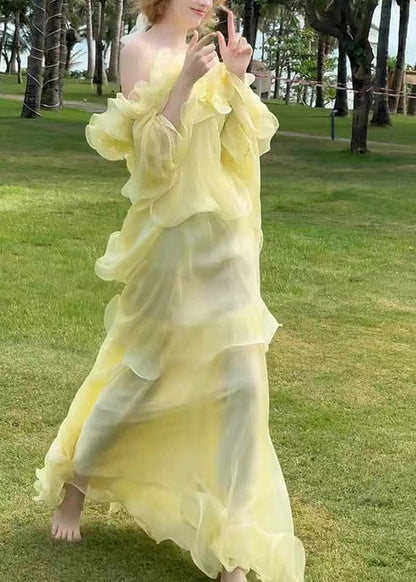 Yellow Slash Neck Ruffled Patchwork Tulle Maxi Dress Sleeveless