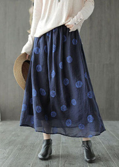 Dark Blue Elastic Waist Dot Print Linen Skirts Spring