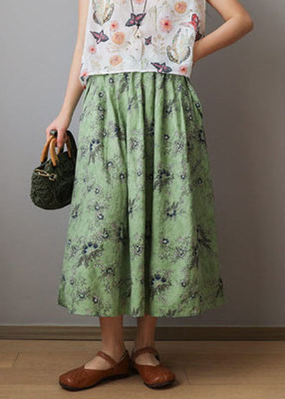 Organic Green Elastic Waist Print Cotton Skirts Spring