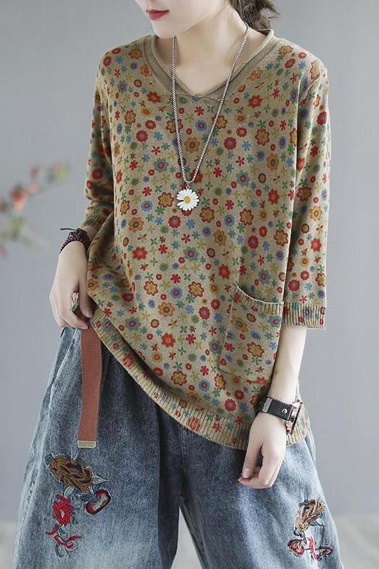 Spring Knitted Print Pocket Sweater
