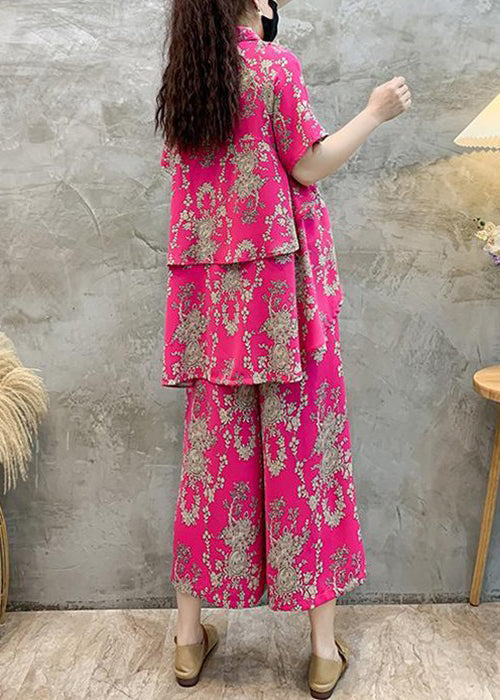 New Rose Print Shirts Tops and Crop Pants Cotton Two Pieces Set Summer