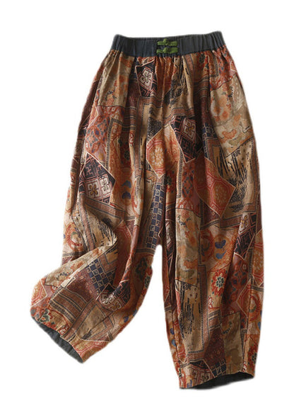 Green Pockets Elastic Waist Print Harem Pants Summer