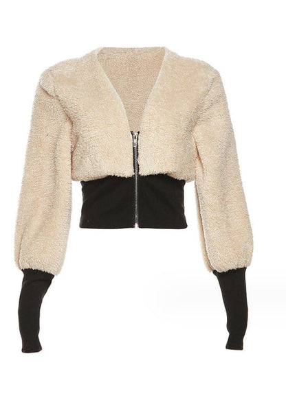 Apricot Zip Up Patchwork Faux Fur Jacket Fall