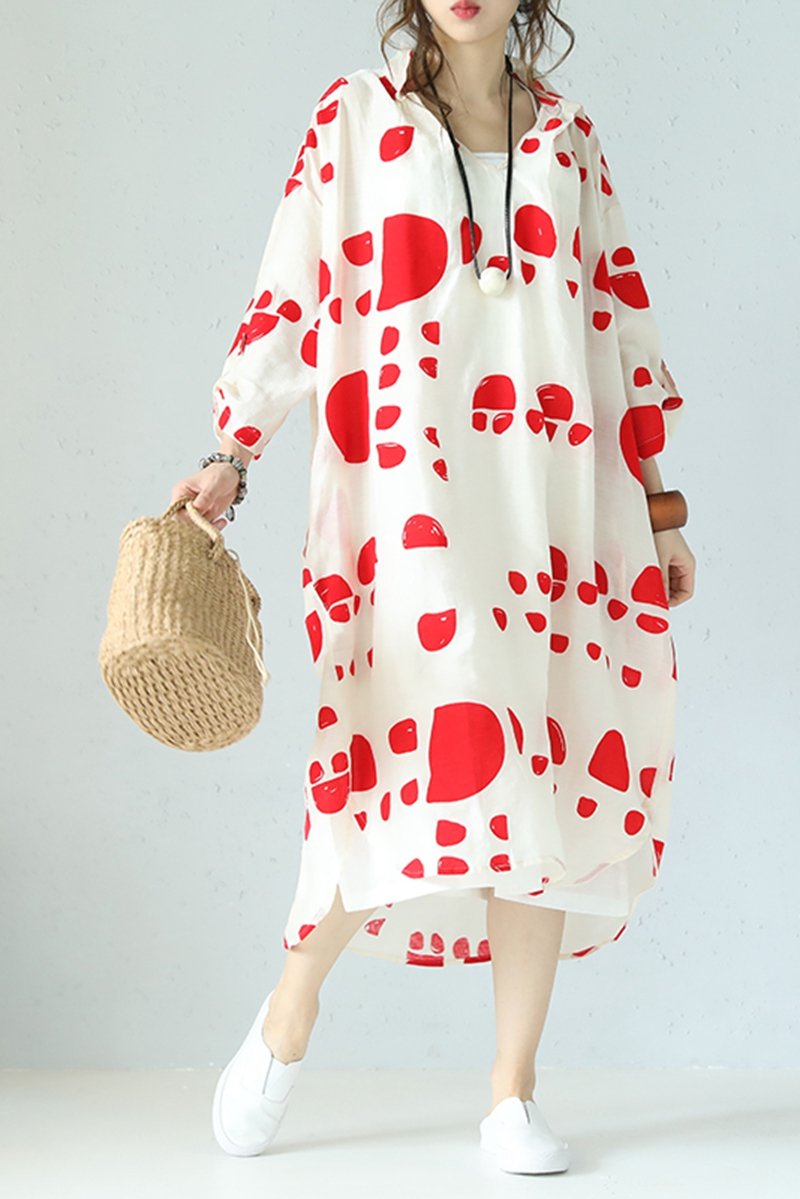 Loose Summer Red Dot Black Chiffon Long Dresses Outfits