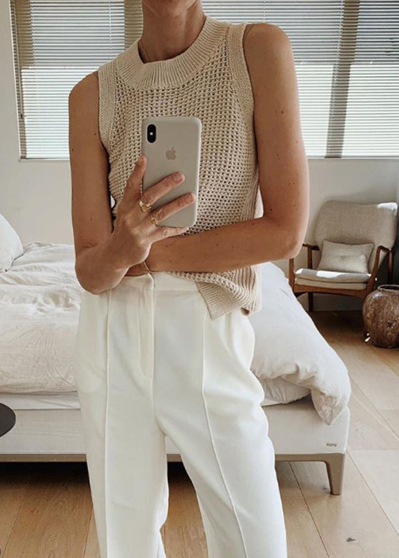Style Beige O Neck Hollow Out Ice Silk Knit Tops Sleeveless