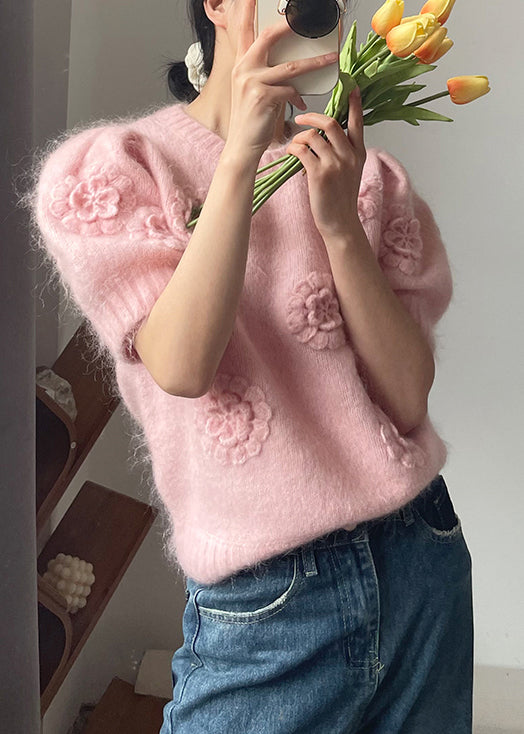 Pink O Neck Knit Sweater Short Sleeve