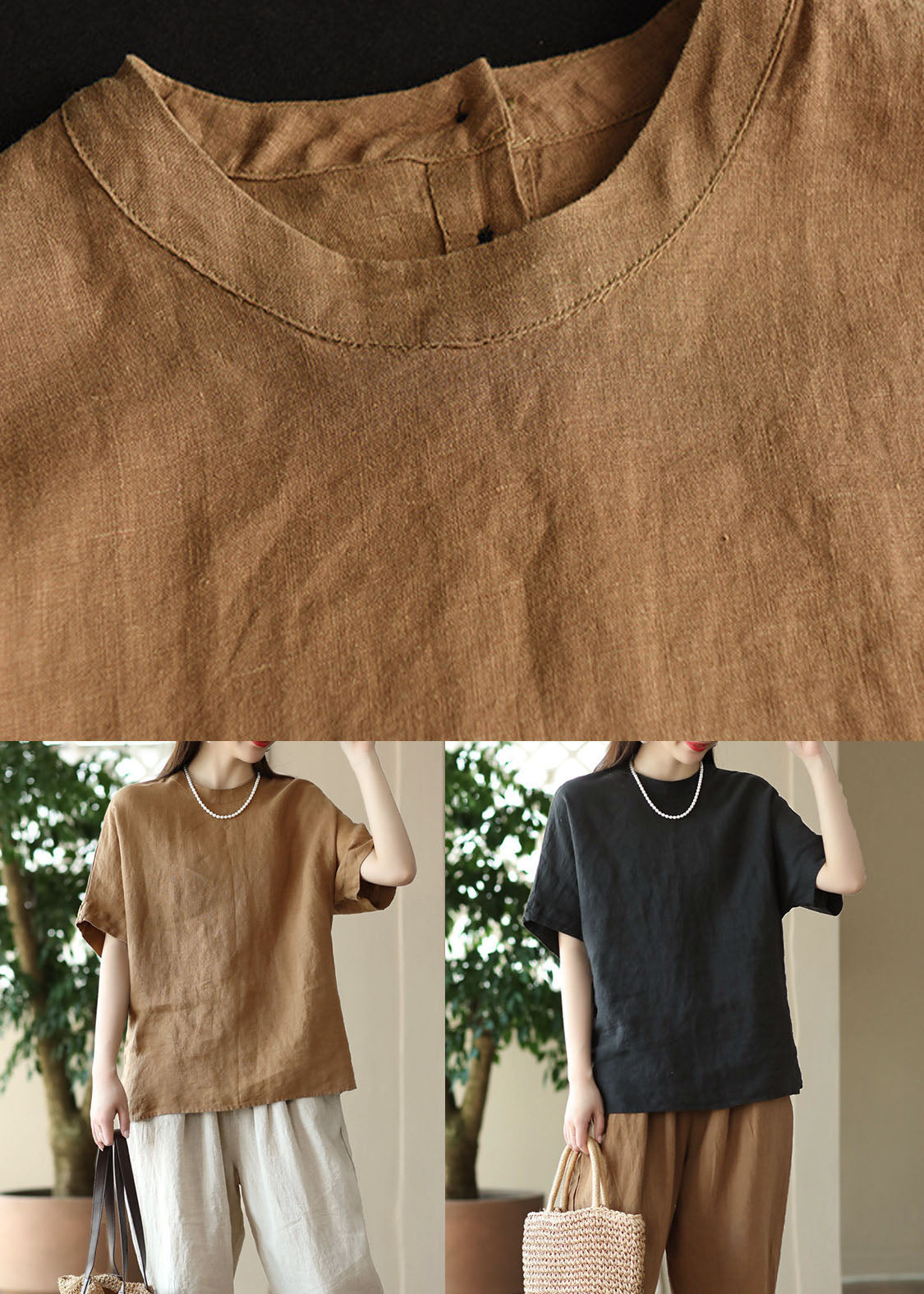 Brown O Neck Patchwork Linen T Shirt Top Summer