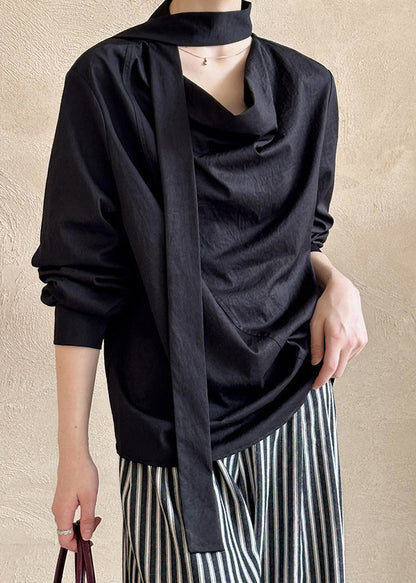 Black Loose Cotton Shirt Bow Long Sleeve