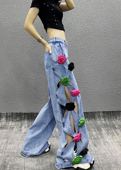 Blue Hollow Out Patchwork Denim Pants Fall