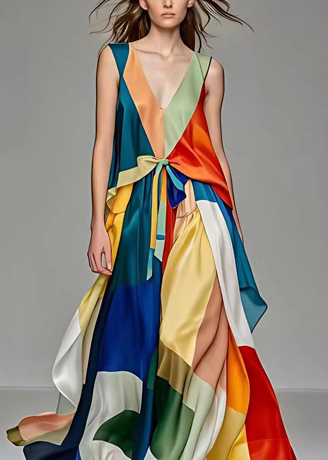 V Neck Lace Up Patchwork Silk Long Dresses Sleeveless