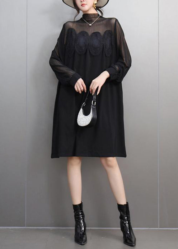 Black Lace Patchwork Tulle Long Dress Spring