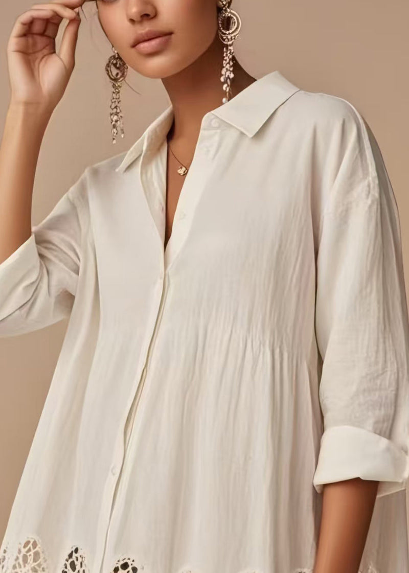 White Oversized Hollow Out Cotton Long Top Spring