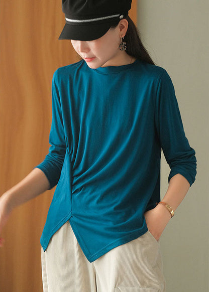 Blue Asymmetrical Design Wrinkled Fall Blouses