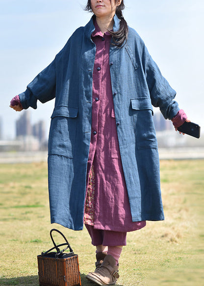 Black Stand Collar Pockets Linen Coat Spring