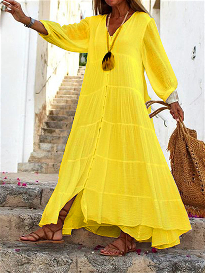 V-neck Long-sleeved Loose Waist Tie Buckle Cotton Linen Large Hem Dresses