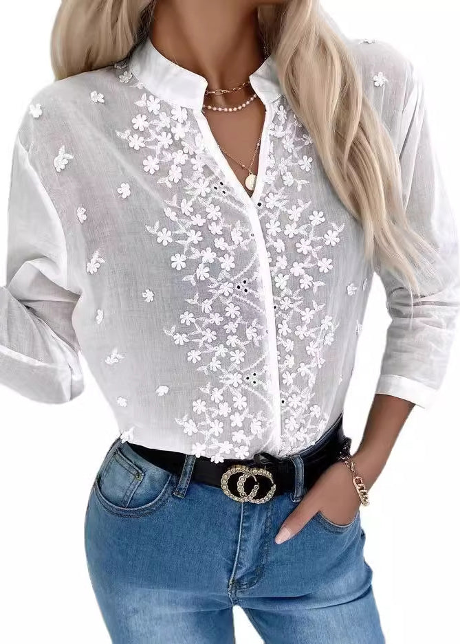 White V Neck Embroidered Cotton Blouse Tops Spring