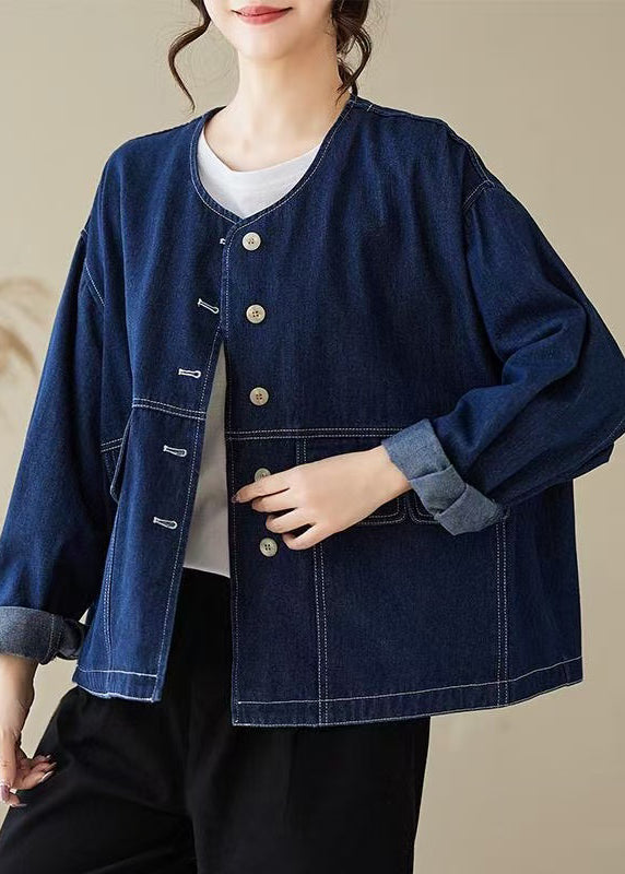 Blue O Neck Button Denim Coats Spring