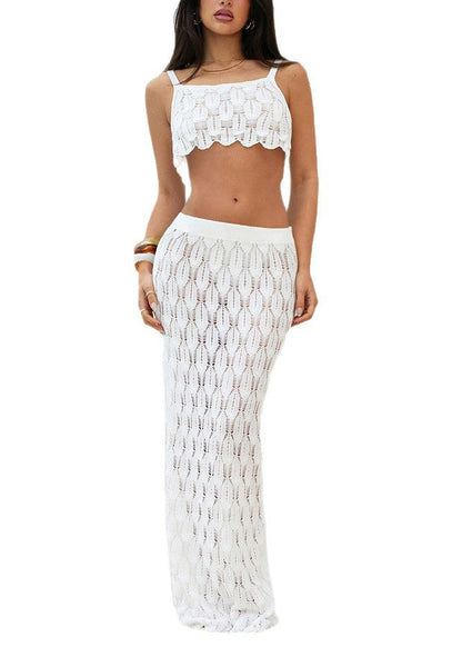 White Cut Out Knit Bikini Swimsuit Cover Up Sets