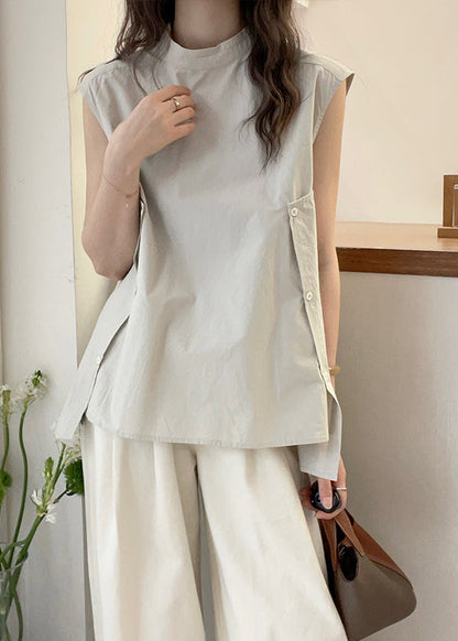 Apricot Stand Collar Asymmetrical T Shirt Short Sleeve