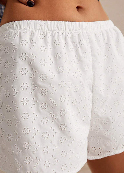 White Embroidered Elastic Waist Cotton Shorts Summer