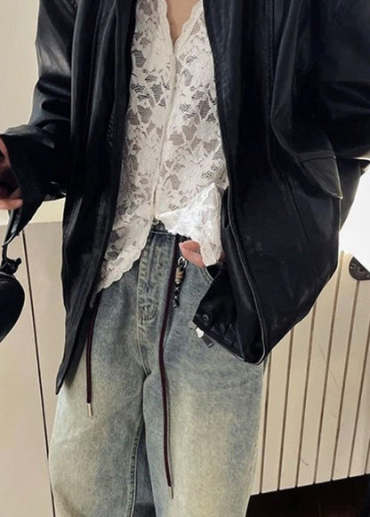 Black V Neck Hollow Out Lace Shirt Spring