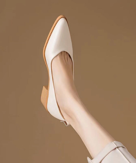 Chunky Heel Beige Cowhide Leather Pointed Toe