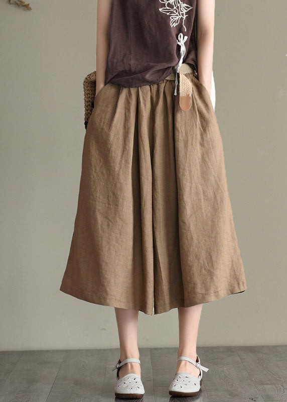 Khaki Elastic Waist Oversized Pockets Linen Wide Leg Crop Pants Summer