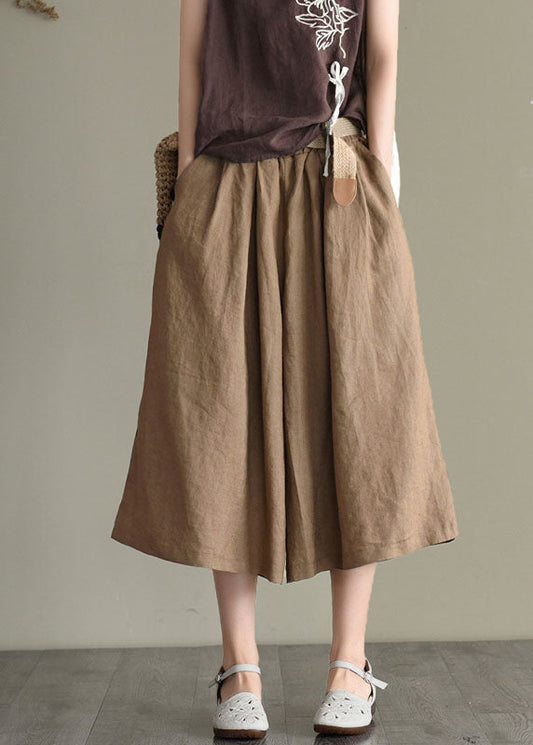 Khaki Elastic Waist Oversized Pockets Linen Wide Leg Crop Pants Summer