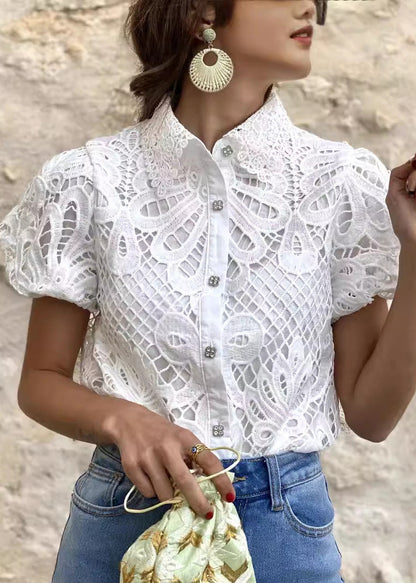 White Peter Pan Collar Hollow Out Lace Blouse Top Summer