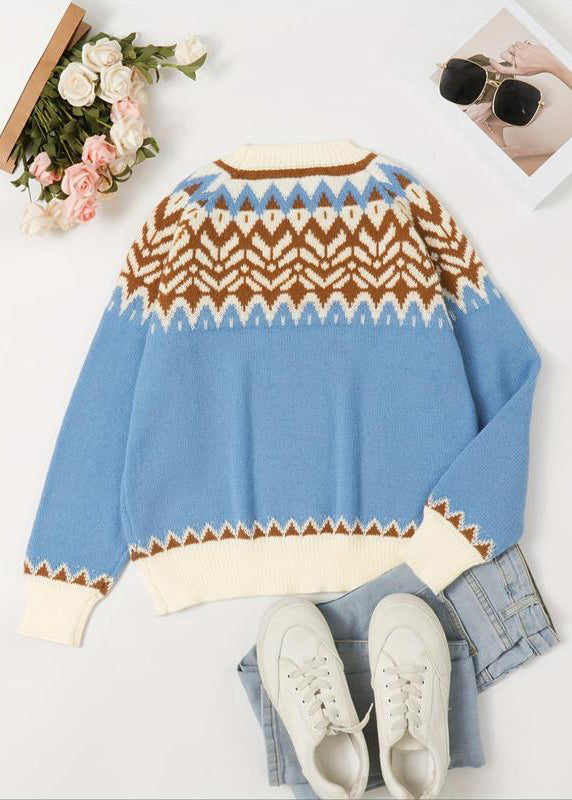 Handmade Brown O Neck Print Knit Sweaters Fall