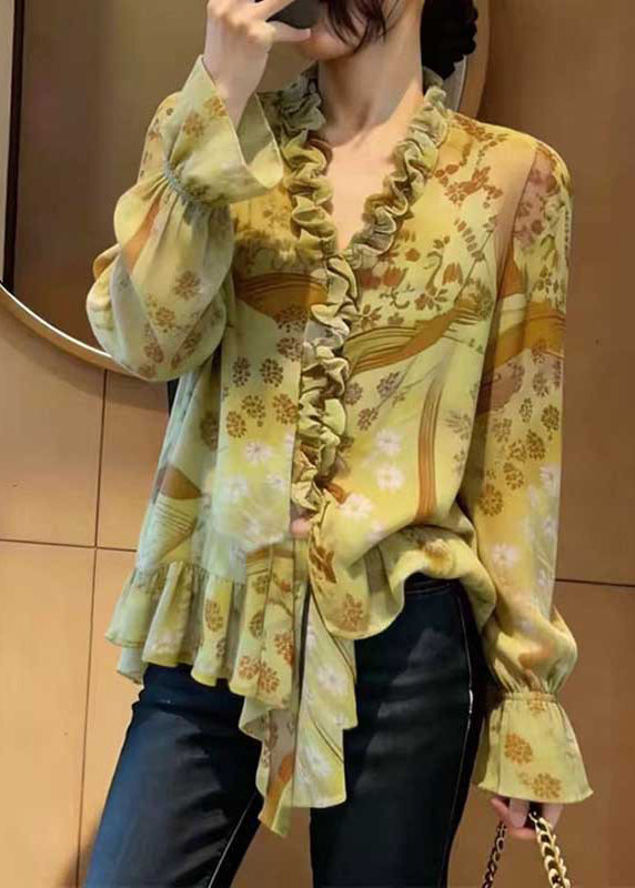 Green Ruffled Print Chiffon Blouse Top Spring