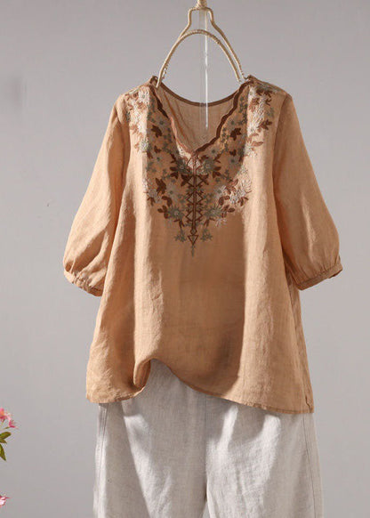 Khaki V Neck Embroidered Patchwork Linen T Shirt Summer