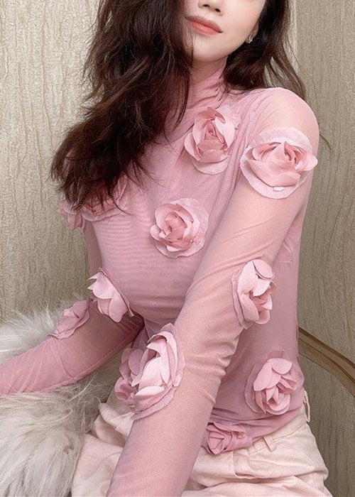 Pink Turtleneck Tulle T Shirt Spring