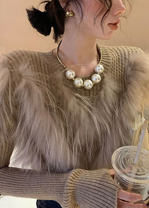 Art Khaki Leather and Fur Patchwork Knit Sweaters Winter