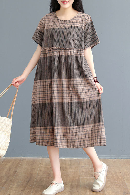 Summer Striped Plaid Dress Cotton Linen Dress
