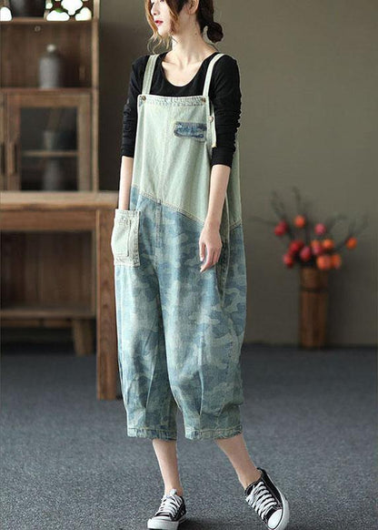 Light Blue Pockets Patchwork Jumpsuit Crop Pants