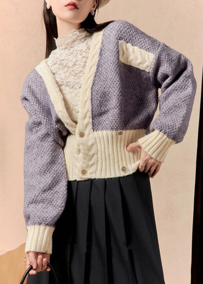 Purple V Neck Button Patchwork Knit Cardigan Winter