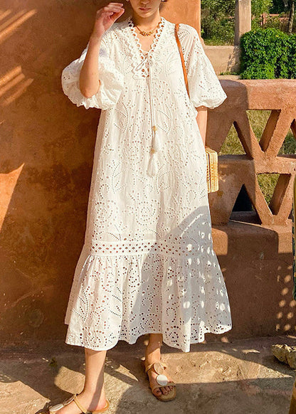 White Embroidered Hollow Out Pockets Cotton Long Dress Puff Sleeve