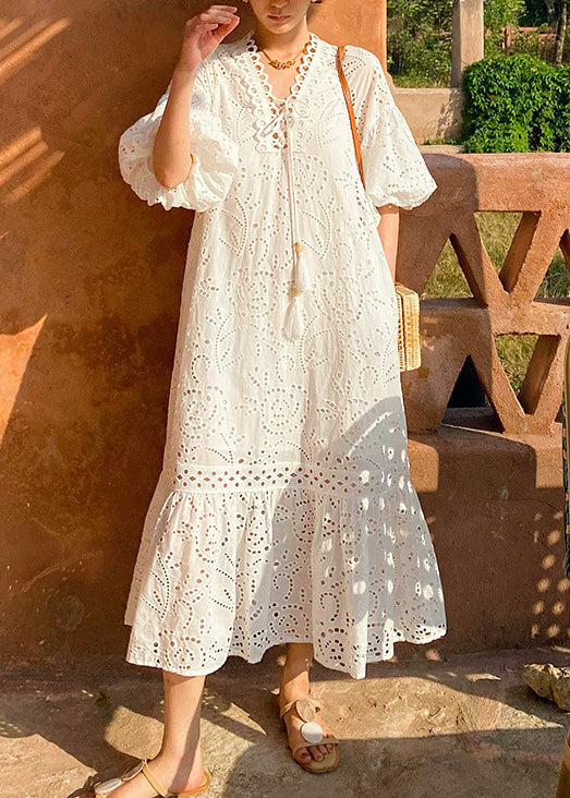 White Embroidered Hollow Out Pockets Cotton Long Dress Puff Sleeve