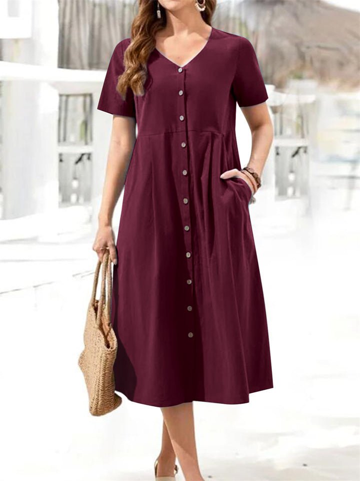 Loose Cotton Linen V-neck Single-row Multi-button Short-sleeved Large Yards Wind Dress