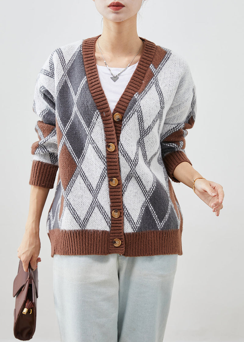 Khaki Oversized Plaid Knit Jacket Fall