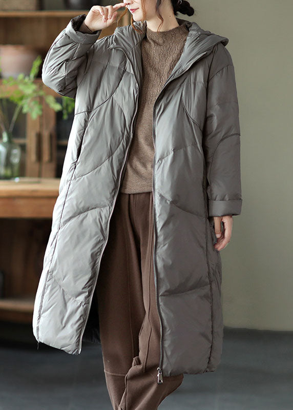 Street Grey Hooded Zippered Pockets Thick Winter Down Coats